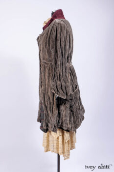 Ellis Duster Coat in Slate Crinkled Velvet; Ellis Frock in Brooklyn Slate Windwopane Wool; Ellis Sash in Uptown Washed Stripe Voile; Ellis Shirt in Apple Washed Crinkled Weave; Libert&eacute; Frock in Uptown Washed Stripe Voile. Ivey Abitz Bespoke Clothing