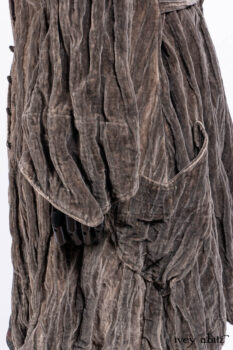 Ellis Duster Coat in Slate Crinkled Velvet; Ellis Frock in Brooklyn Slate Windwopane Wool; Ellis Sash in Uptown Washed Stripe Voile; Ellis Shirt in Apple Washed Crinkled Weave; Libert&eacute; Frock in Uptown Washed Stripe Voile. Ivey Abitz Bespoke Clothing