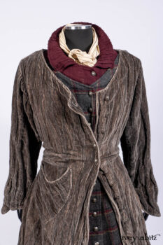 Ellis Duster Coat in Slate Crinkled Velvet; Ellis Frock in Brooklyn Slate Windwopane Wool; Ellis Sash in Uptown Washed Stripe Voile; Ellis Shirt in Apple Washed Crinkled Weave; Libert&eacute; Frock in Uptown Washed Stripe Voile. Ivey Abitz Bespoke Clothing