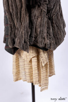 Ellis Duster Coat in Slate Crinkled Velvet; Ellis Frock in Brooklyn Slate Windwopane Wool; Ellis Sash in Uptown Washed Stripe Voile; Ellis Shirt in Apple Washed Crinkled Weave; Libert&eacute; Frock in Uptown Washed Stripe Voile. Ivey Abitz Bespoke Clothing