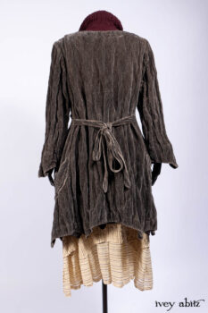 Ellis Duster Coat in Slate Crinkled Velvet; Ellis Frock in Brooklyn Slate Windwopane Wool; Ellis Sash in Uptown Washed Stripe Voile; Ellis Shirt in Apple Washed Crinkled Weave; Libert&eacute; Frock in Uptown Washed Stripe Voile. Ivey Abitz Bespoke Clothing