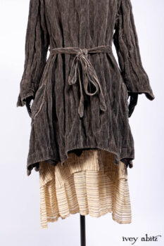 Ellis Duster Coat in Slate Crinkled Velvet; Ellis Frock in Brooklyn Slate Windwopane Wool; Ellis Sash in Uptown Washed Stripe Voile; Ellis Shirt in Apple Washed Crinkled Weave; Libert&eacute; Frock in Uptown Washed Stripe Voile. Ivey Abitz Bespoke Clothing