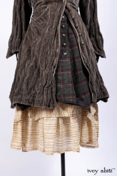 Ellis Duster Coat in Slate Crinkled Velvet; Ellis Frock in Brooklyn Slate Windwopane Wool; Ellis Sash in Uptown Washed Stripe Voile; Ellis Shirt in Apple Washed Crinkled Weave; Libert&eacute; Frock in Uptown Washed Stripe Voile. Ivey Abitz Bespoke Clothing