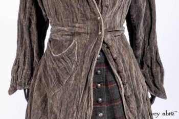 Ellis Duster Coat in Slate Crinkled Velvet; Ellis Frock in Brooklyn Slate Windwopane Wool; Ellis Sash in Uptown Washed Stripe Voile; Ellis Shirt in Apple Washed Crinkled Weave; Libert&eacute; Frock in Uptown Washed Stripe Voile. Ivey Abitz Bespoke Clothing