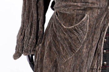Ellis Duster Coat in Slate Crinkled Velvet; Ellis Frock in Brooklyn Slate Windwopane Wool; Ellis Sash in Uptown Washed Stripe Voile; Ellis Shirt in Apple Washed Crinkled Weave; Libert&eacute; Frock in Uptown Washed Stripe Voile. Ivey Abitz Bespoke Clothing