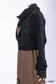 Hudson Jacket in Signature Black Ribbed Knit; Roebling Frock in Brownstone Washed Linen; Lydia Neck Wrap and Lydia Arm Wraps in Signature Black Washed Knit; Cilla Slip Frock in Signature Black Ribbed Knit.