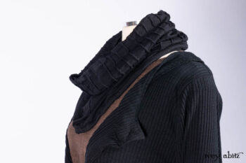 Hudson Jacket in Signature Black Ribbed Knit; Roebling Frock in Brownstone Washed Linen; Lydia Neck Wrap and Lydia Arm Wraps in Signature Black Washed Knit; Cilla Slip Frock in Signature Black Ribbed Knit.