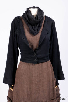 Hudson Jacket in Signature Black Ribbed Knit; Roebling Frock in Brownstone Washed Linen; Lydia Neck Wrap and Lydia Arm Wraps in Signature Black Washed Knit; Cilla Slip Frock in Signature Black Ribbed Knit.