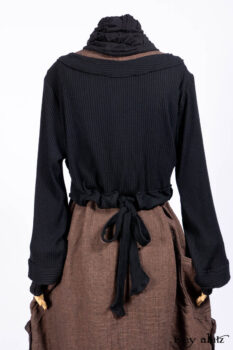 Hudson Jacket in Signature Black Ribbed Knit; Roebling Frock in Brownstone Washed Linen; Lydia Neck Wrap and Lydia Arm Wraps in Signature Black Washed Knit; Cilla Slip Frock in Signature Black Ribbed Knit.