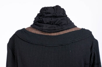 Hudson Jacket in Signature Black Ribbed Knit; Roebling Frock in Brownstone Washed Linen; Lydia Neck Wrap and Lydia Arm Wraps in Signature Black Washed Knit; Cilla Slip Frock in Signature Black Ribbed Knit.