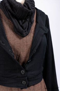 Hudson Jacket in Signature Black Ribbed Knit; Roebling Frock in Brownstone Washed Linen; Lydia Neck Wrap and Lydia Arm Wraps in Signature Black Washed Knit; Cilla Slip Frock in Signature Black Ribbed Knit.