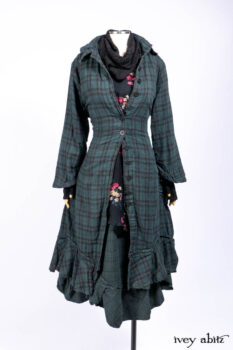 Inglenook Duster Coat in Riverside Black Watch Double Layered Weave; Nook Frock in Riverside Floral Silk Chiffon; Inglenook Frock in Riverside Plaid Cotton; Lydia Neck Wrap and Lydia Arm Wraps in Signature Black Washed Knit.