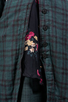 Inglenook Duster Coat in Riverside Black Watch Double Layered Weave; Nook Frock in Riverside Floral Silk Chiffon; Inglenook Frock in Riverside Plaid Cotton; Lydia Neck Wrap and Lydia Arm Wraps in Signature Black Washed Knit.
