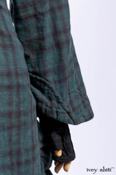 Inglenook Duster Coat in Riverside Black Watch Double Layered Weave; Nook Frock in Riverside Floral Silk Chiffon; Inglenook Frock in Riverside Plaid Cotton; Lydia Neck Wrap and Lydia Arm Wraps in Signature Black Washed Knit.