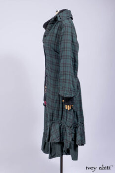 Inglenook Duster Coat in Riverside Black Watch Double Layered Weave; Nook Frock in Riverside Floral Silk Chiffon; Inglenook Frock in Riverside Plaid Cotton; Lydia Neck Wrap and Lydia Arm Wraps in Signature Black Washed Knit.