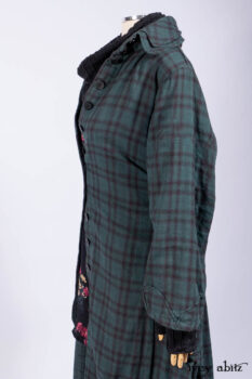 Inglenook Duster Coat in Riverside Black Watch Double Layered Weave; Nook Frock in Riverside Floral Silk Chiffon; Inglenook Frock in Riverside Plaid Cotton; Lydia Neck Wrap and Lydia Arm Wraps in Signature Black Washed Knit.
