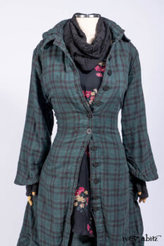 Inglenook Duster Coat in Riverside Black Watch Double Layered Weave; Nook Frock in Riverside Floral Silk Chiffon; Inglenook Frock in Riverside Plaid Cotton; Lydia Neck Wrap and Lydia Arm Wraps in Signature Black Washed Knit.
