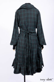 Inglenook Duster Coat in Riverside Black Watch Double Layered Weave; Nook Frock in Riverside Floral Silk Chiffon; Inglenook Frock in Riverside Plaid Cotton; Lydia Neck Wrap and Lydia Arm Wraps in Signature Black Washed Knit.