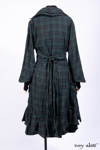 Inglenook Duster Coat in Riverside Black Watch Double Layered Weave; Nook Frock in Riverside Floral Silk Chiffon; Inglenook Frock in Riverside Plaid Cotton; Lydia Neck Wrap and Lydia Gloves in Signature Black Washed Knit.