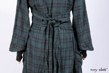 Inglenook Duster Coat in Riverside Black Watch Double Layered Weave; Nook Frock in Riverside Floral Silk Chiffon; Inglenook Frock in Riverside Plaid Cotton; Lydia Neck Wrap and Lydia Arm Wraps in Signature Black Washed Knit.