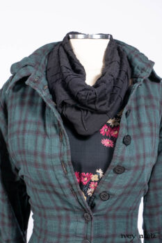 Inglenook Duster Coat in Riverside Black Watch Double Layered Weave; Nook Frock in Riverside Floral Silk Chiffon; Inglenook Frock in Riverside Plaid Cotton; Lydia Neck Wrap and Lydia Arm Wraps in Signature Black Washed Knit.