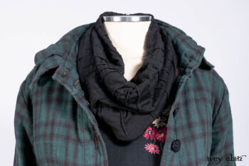 Inglenook Duster Coat in Riverside Black Watch Double Layered Weave; Nook Frock in Riverside Floral Silk Chiffon; Inglenook Frock in Riverside Plaid Cotton; Lydia Neck Wrap and Lydia Arm Wraps in Signature Black Washed Knit.