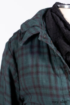 Inglenook Duster Coat in Riverside Black Watch Double Layered Weave; Nook Frock in Riverside Floral Silk Chiffon; Inglenook Frock in Riverside Plaid Cotton; Lydia Neck Wrap and Lydia Arm Wraps in Signature Black Washed Knit.