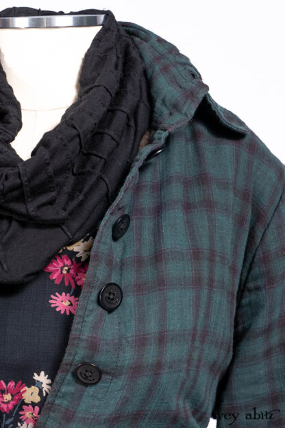 Inglenook Duster Coat in Riverside Black Watch Double Layered Weave; Nook Frock in Riverside Floral Silk Chiffon; Inglenook Frock in Riverside Plaid Cotton; Lydia Neck Wrap and Lydia Gloves in Signature Black Washed Knit.