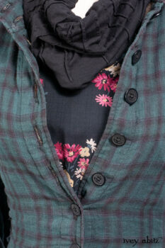 Inglenook Duster Coat in Riverside Black Watch Double Layered Weave; Nook Frock in Riverside Floral Silk Chiffon; Inglenook Frock in Riverside Plaid Cotton; Lydia Neck Wrap and Lydia Arm Wraps in Signature Black Washed Knit.