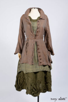 Ellis Shirt in Rooftop Sunset Washed Voile; Bedloe Frock in Central Park Reservoir Washed Voile; Bartholdi Frock in Central Park Washed Linen.
