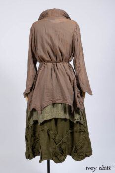 Ellis Shirt in Rooftop Sunset Washed Voile; Bedloe Frock in Central Park Reservoir Washed Voile; Bartholdi Frock in Central Park Washed Linen.