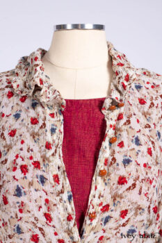Scattergood Shirt Jacket in Brooklyn Floral Crinkled Silk Chiffon; Scattergood Frock in Apple Washed Linen; Cilla Slip Frock in Signature Black Ribbed Knit.