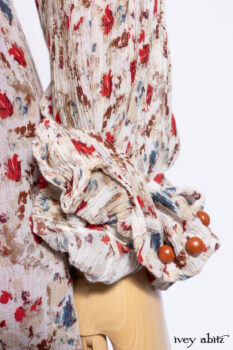 Scattergood Shirt Jacket in Brooklyn Floral Crinkled Silk Chiffon; Scattergood Frock in Apple Washed Linen; Cilla Slip Frock in Signature Black Ribbed Knit.