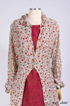 Scattergood Shirt Jacket in Brooklyn Floral Crinkled Silk Chiffon; Scattergood Frock in Apple Washed Linen; Cilla Slip Frock in Signature Black Ribbed Knit.