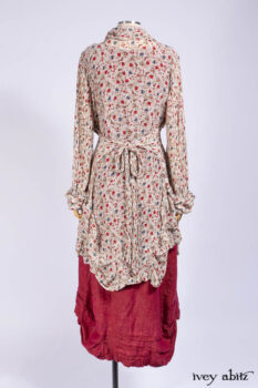 Scattergood Shirt Jacket in Brooklyn Floral Crinkled Silk Chiffon; Scattergood Frock in Apple Washed Linen; Cilla Slip Frock in Signature Black Ribbed Knit.