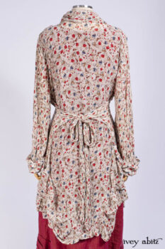 Scattergood Shirt Jacket in Brooklyn Floral Crinkled Silk Chiffon; Scattergood Frock in Apple Washed Linen; Cilla Slip Frock in Signature Black Ribbed Knit.