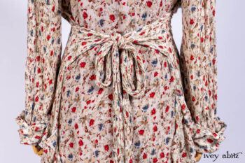 Scattergood Shirt Jacket in Brooklyn Floral Crinkled Silk Chiffon; Scattergood Frock in Apple Washed Linen; Cilla Slip Frock in Signature Black Ribbed Knit.