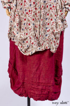 Scattergood Shirt Jacket in Brooklyn Floral Crinkled Silk Chiffon; Scattergood Frock in Apple Washed Linen; Cilla Slip Frock in Signature Black Ribbed Knit.