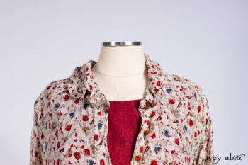 Scattergood Shirt Jacket in Brooklyn Floral Crinkled Silk Chiffon; Scattergood Frock in Apple Washed Linen; Cilla Slip Frock in Signature Black Ribbed Knit.