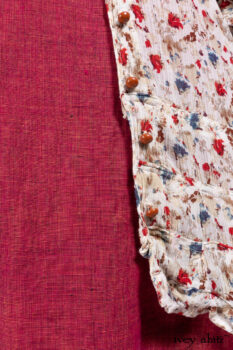 Scattergood Shirt Jacket in Brooklyn Floral Crinkled Silk Chiffon; Scattergood Frock in Apple Washed Linen; Cilla Slip Frock in Signature Black Ribbed Knit.