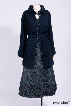 Gabled Shirt Jacket in Hudson Blue Silky Crinkled Weave; Gabled Frock in Hudson River Floral Jacquard; Cilla Slip Frock in Slate Washed Knit.