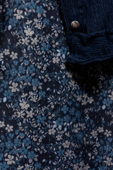 Gabled Shirt Jacket in Hudson Blue Silky Crinkled Weave; Gabled Frock in Hudson River Floral Jacquard; Cilla Slip Frock in Slate Washed Knit.
