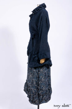 Gabled Shirt Jacket in Hudson Blue Silky Crinkled Weave; Gabled Frock in Hudson River Floral Jacquard; Cilla Slip Frock in Slate Washed Knit.