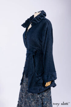 Gabled Shirt Jacket in Hudson Blue Silky Crinkled Weave; Gabled Frock in Hudson River Floral Jacquard; Cilla Slip Frock in Slate Washed Knit.