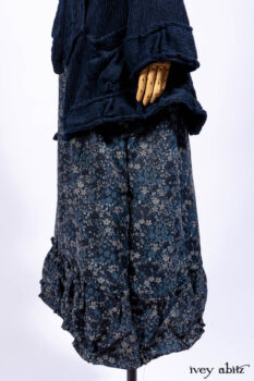 Gabled Shirt Jacket in Hudson Blue Silky Crinkled Weave; Gabled Frock in Hudson River Floral Jacquard; Cilla Slip Frock in Slate Washed Knit.