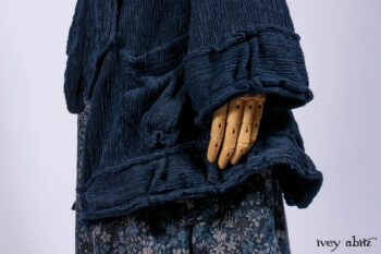 Gabled Shirt Jacket in Hudson Blue Silky Crinkled Weave; Gabled Frock in Hudson River Floral Jacquard; Cilla Slip Frock in Slate Washed Knit.
