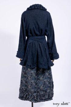 Gabled Shirt Jacket in Hudson Blue Silky Crinkled Weave; Gabled Frock in Hudson River Floral Jacquard; Cilla Slip Frock in Slate Washed Knit.