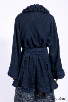 Gabled Shirt Jacket in Hudson Blue Silky Crinkled Weave; Gabled Frock in Hudson River Floral Jacquard; Cilla Slip Frock in Slate Washed Knit.