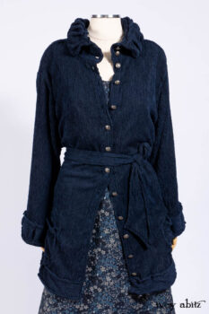 Gabled Shirt Jacket in Hudson Blue Silky Crinkled Weave; Gabled Frock in Hudson River Floral Jacquard; Cilla Slip Frock in Slate Washed Knit.