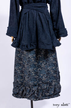 Gabled Shirt Jacket in Hudson Blue Silky Crinkled Weave; Gabled Frock in Hudson River Floral Jacquard; Cilla Slip Frock in Slate Washed Knit.